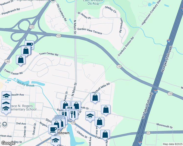 map of restaurants, bars, coffee shops, grocery stores, and more near 31 Dennis Court in Hightstown