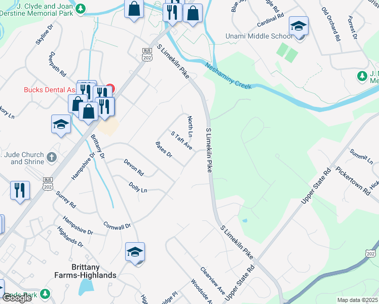 map of restaurants, bars, coffee shops, grocery stores, and more near 16 East Cornwall Drive in Chalfont