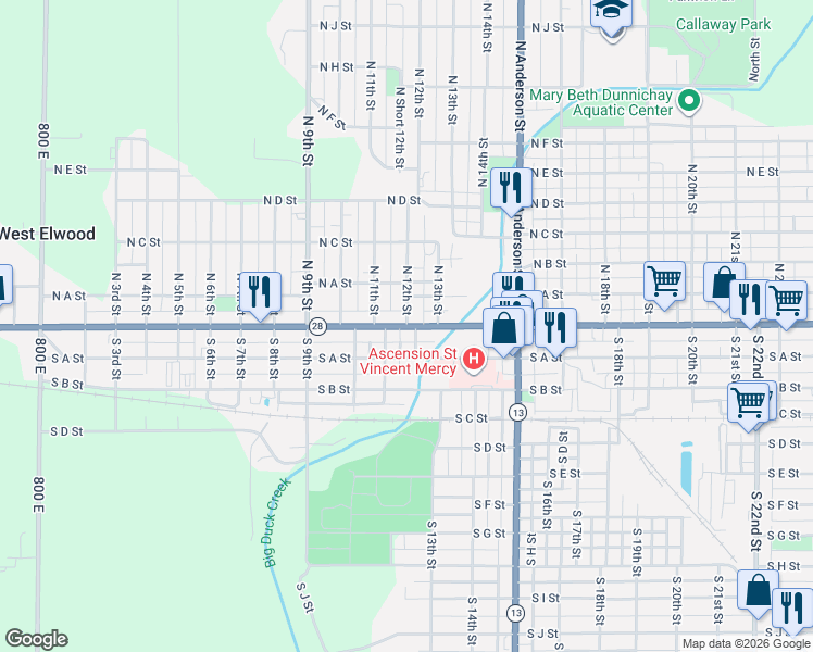 map of restaurants, bars, coffee shops, grocery stores, and more near 1115 Main Street in Elwood