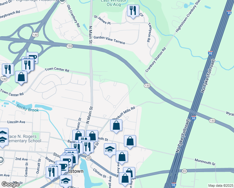 map of restaurants, bars, coffee shops, grocery stores, and more near 27 Huber Court in Hightstown
