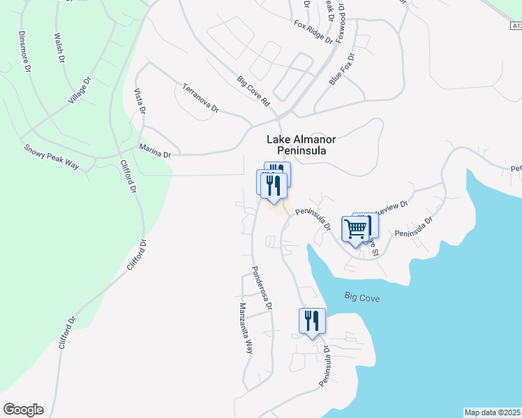 map of restaurants, bars, coffee shops, grocery stores, and more near 427 Ponderosa Drive in Lake Almanor Peninsula