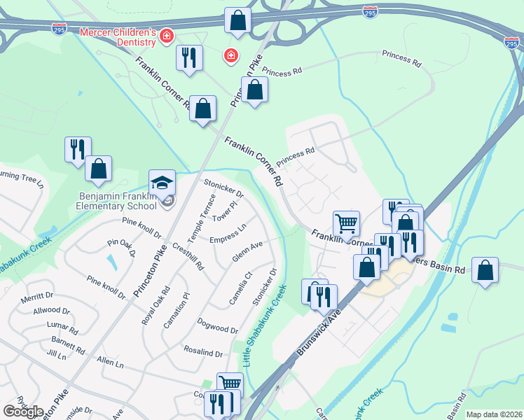 map of restaurants, bars, coffee shops, grocery stores, and more near 26 Stonicker Drive in Lawrence Township