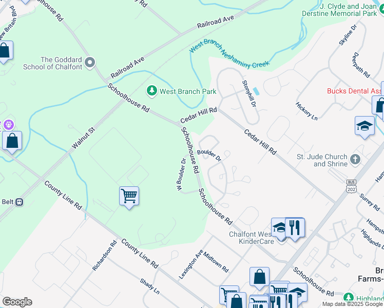 map of restaurants, bars, coffee shops, grocery stores, and more near 353 Boulder Drive in Chalfont