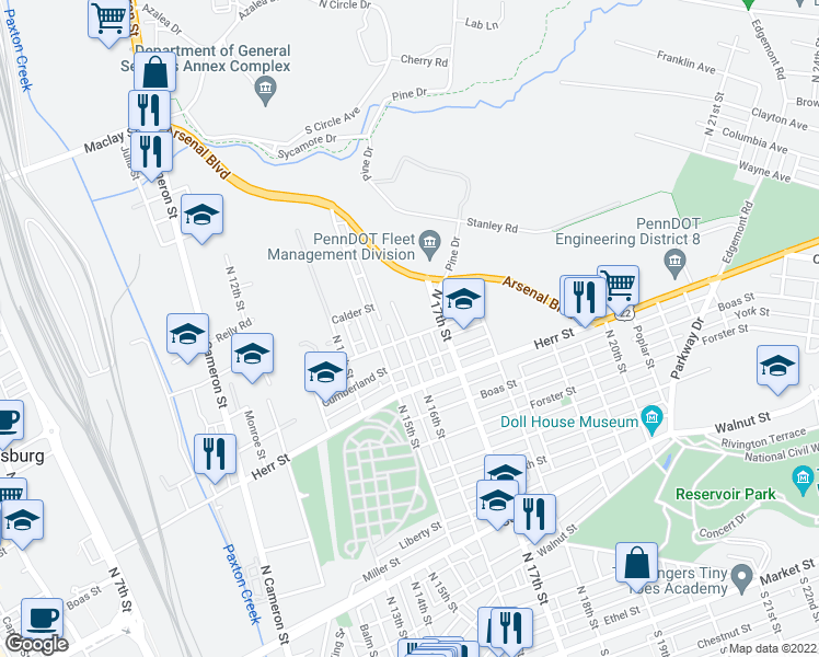 map of restaurants, bars, coffee shops, grocery stores, and more near 1215 North 16th Street in Harrisburg