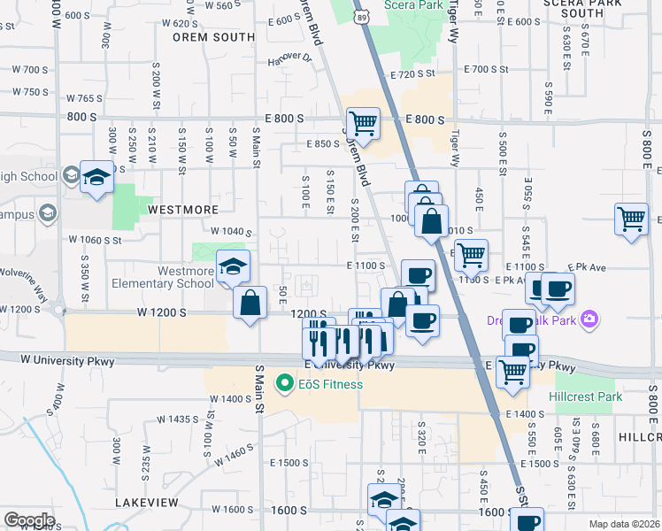 map of restaurants, bars, coffee shops, grocery stores, and more near 158 1100 South in Orem