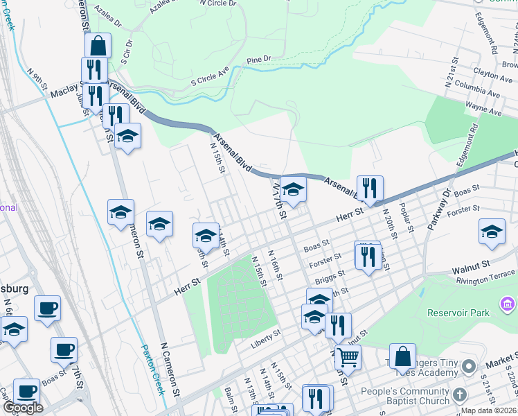 map of restaurants, bars, coffee shops, grocery stores, and more near 1215 North 16th Street in Harrisburg