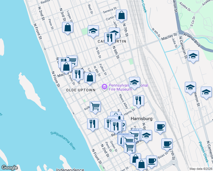 map of restaurants, bars, coffee shops, grocery stores, and more near 1820 North 4th Street in Harrisburg
