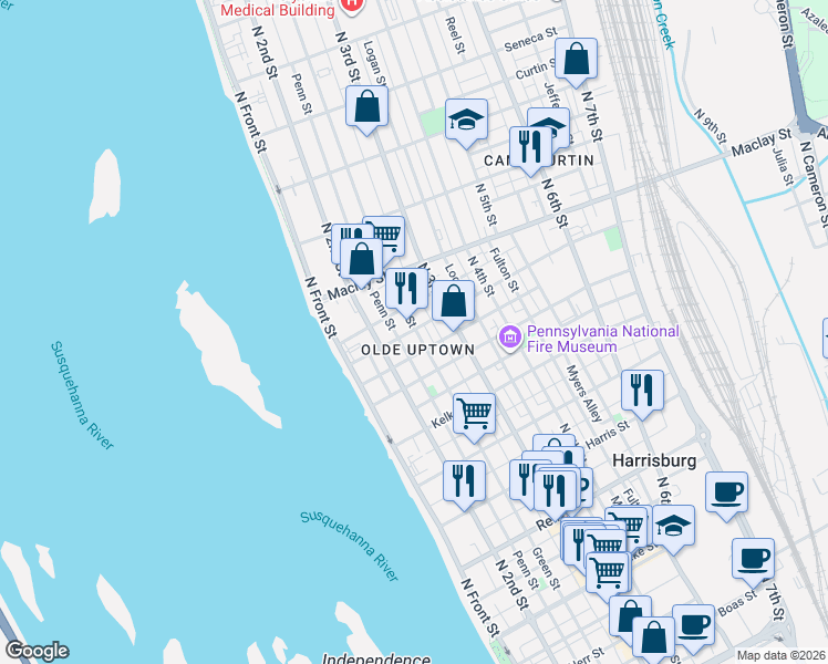map of restaurants, bars, coffee shops, grocery stores, and more near in Harrisburg