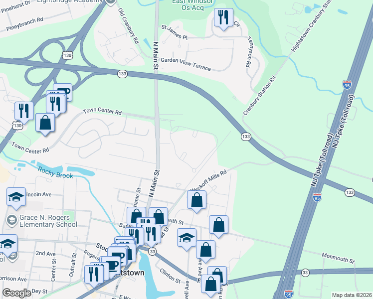 map of restaurants, bars, coffee shops, grocery stores, and more near 18 Dennis Court in Hightstown