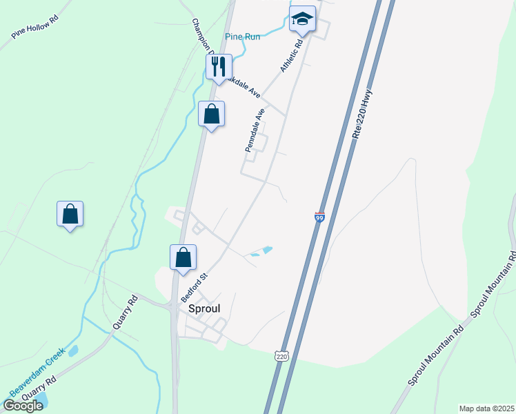 map of restaurants, bars, coffee shops, grocery stores, and more near 280 Bedford St in Claysburg