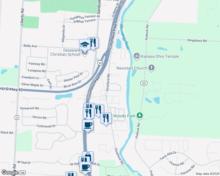 map of restaurants, bars, coffee shops, grocery stores, and more near 1211 Rivercrest Drive South in Delaware