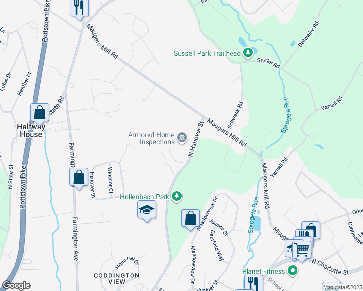 map of restaurants, bars, coffee shops, grocery stores, and more near 1451 North Hanover Street in Pottstown