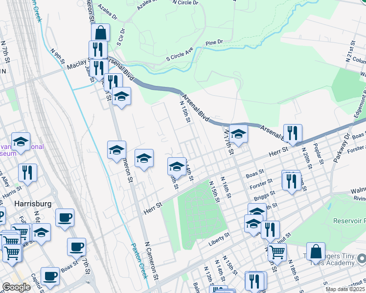map of restaurants, bars, coffee shops, grocery stores, and more near 1329 North 14th Street in Harrisburg