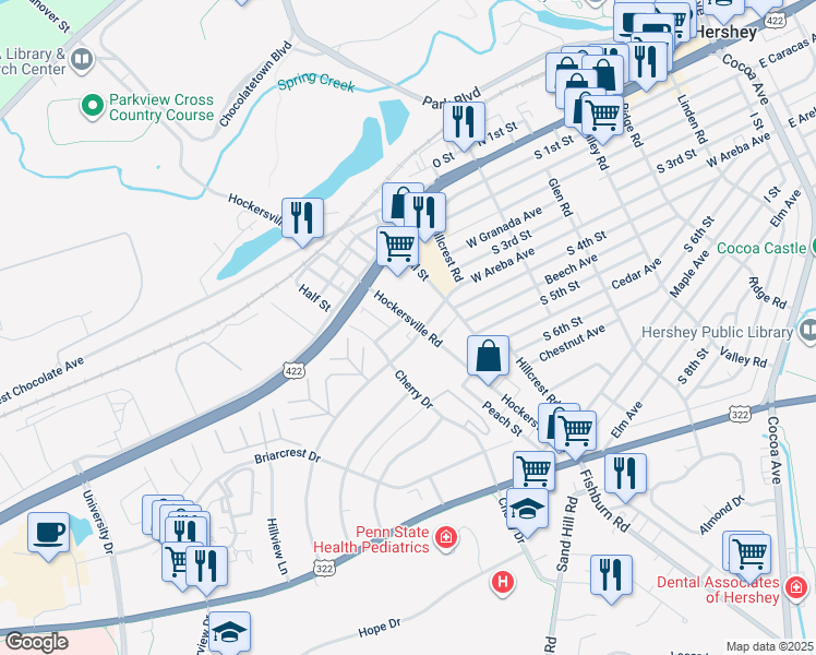 map of restaurants, bars, coffee shops, grocery stores, and more near 238 Hockersville Road in Hershey