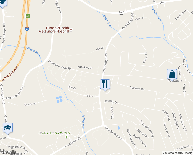 map of restaurants, bars, coffee shops, grocery stores, and more near 4121 Mountain View Road in Mechanicsburg