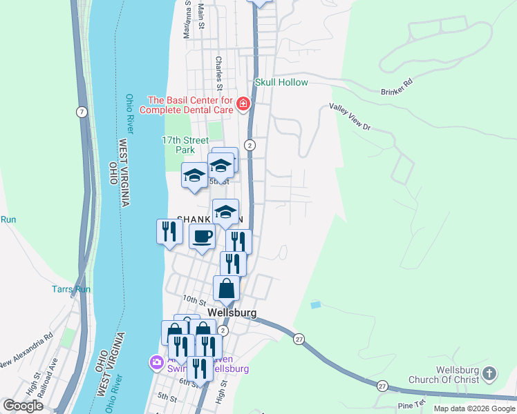 map of restaurants, bars, coffee shops, grocery stores, and more near 1417 Commerce Street in Wellsburg