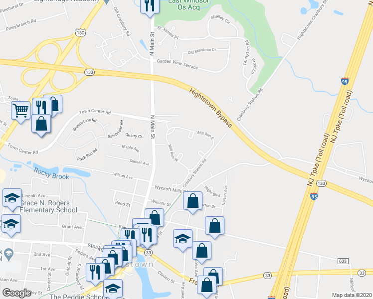 map of restaurants, bars, coffee shops, grocery stores, and more near 152 Mill Run East in Hightstown
