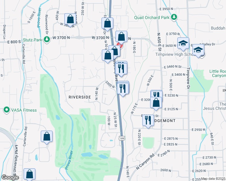 map of restaurants, bars, coffee shops, grocery stores, and more near 3305 North Shadowbrook Circle in Provo