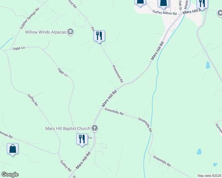map of restaurants, bars, coffee shops, grocery stores, and more near 2387 Mars Hill Road in Irwin