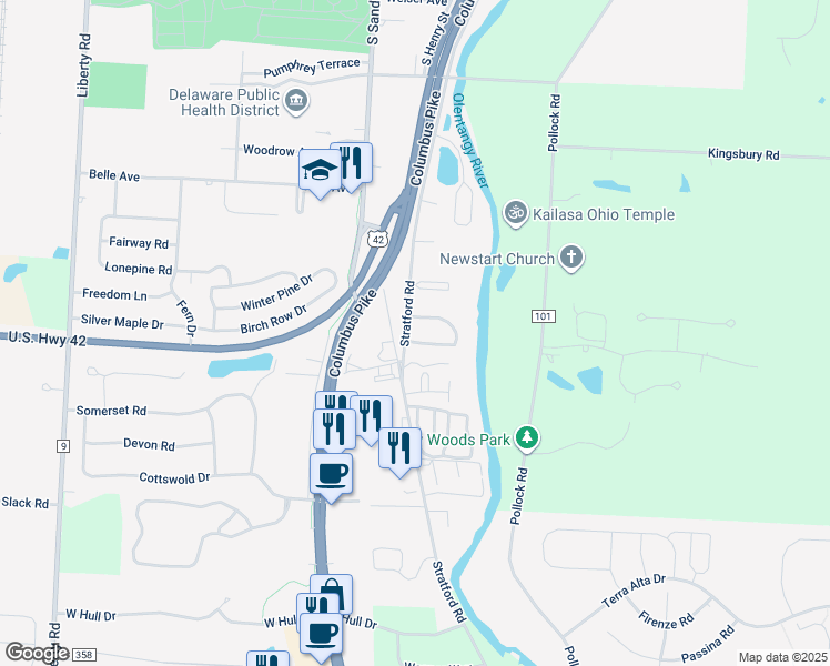 map of restaurants, bars, coffee shops, grocery stores, and more near 1211 Rivercrest Drive South in Delaware
