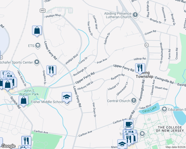 map of restaurants, bars, coffee shops, grocery stores, and more near 113 Upper Ferry Road in Ewing Township