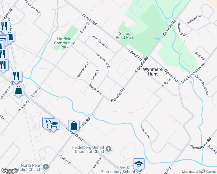 map of restaurants, bars, coffee shops, grocery stores, and more near 2210 Briar Patch Lane in Hatfield