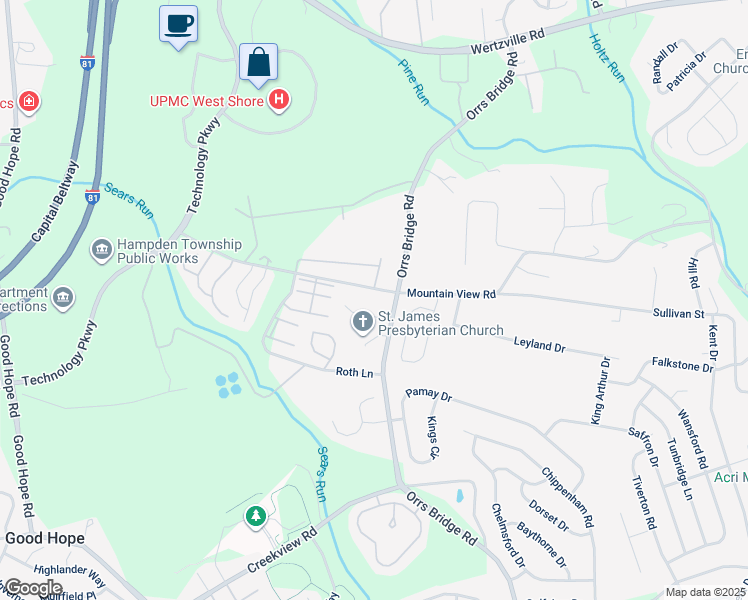 map of restaurants, bars, coffee shops, grocery stores, and more near 4121 Mountain View Road in Mechanicsburg