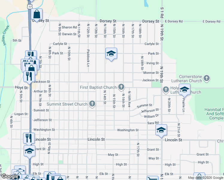 map of restaurants, bars, coffee shops, grocery stores, and more near 1017 North 15th Street in Beatrice