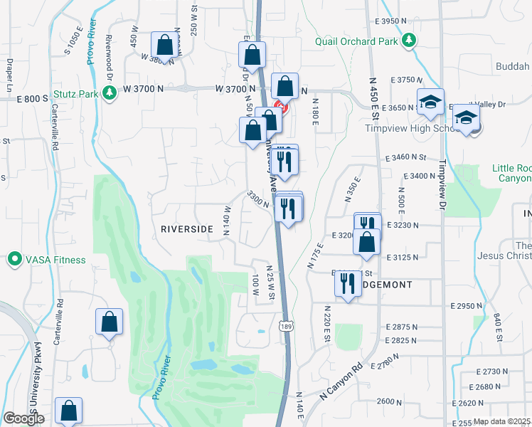 map of restaurants, bars, coffee shops, grocery stores, and more near 3305 North Shadowbrook Circle in Provo