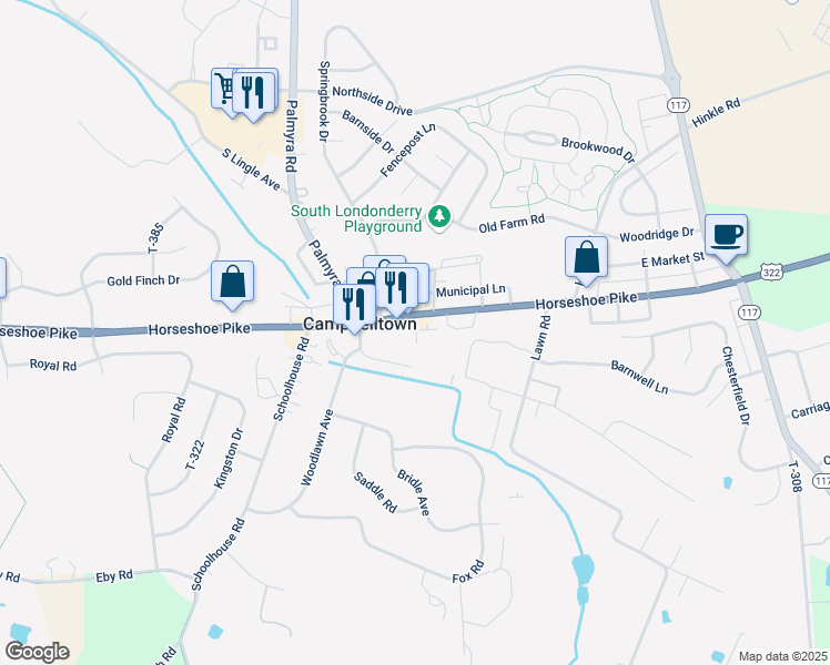 map of restaurants, bars, coffee shops, grocery stores, and more near 36 Laundry Ln in Palmyra