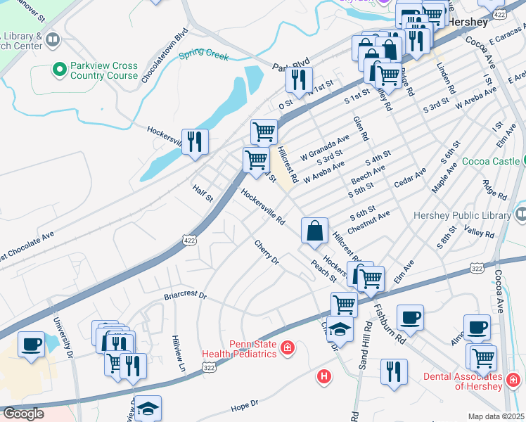 map of restaurants, bars, coffee shops, grocery stores, and more near 238 Hockersville Road in Hershey