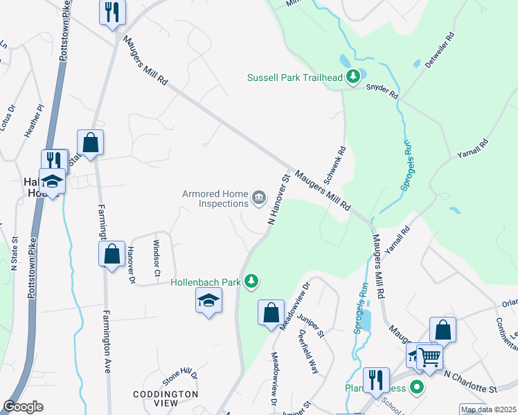map of restaurants, bars, coffee shops, grocery stores, and more near 1451 North Hanover Street in Pottstown