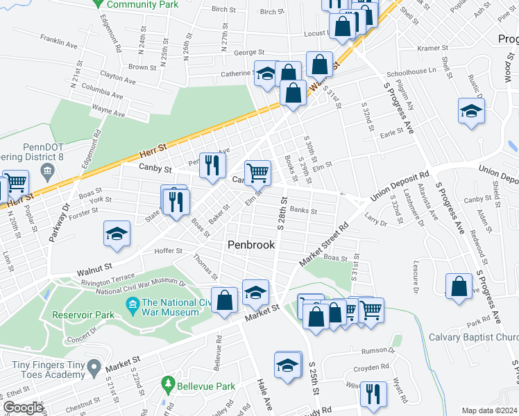 map of restaurants, bars, coffee shops, grocery stores, and more near 2707 Banks Street in Harrisburg