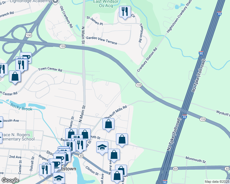 map of restaurants, bars, coffee shops, grocery stores, and more near 152 Mill Run East in Hightstown