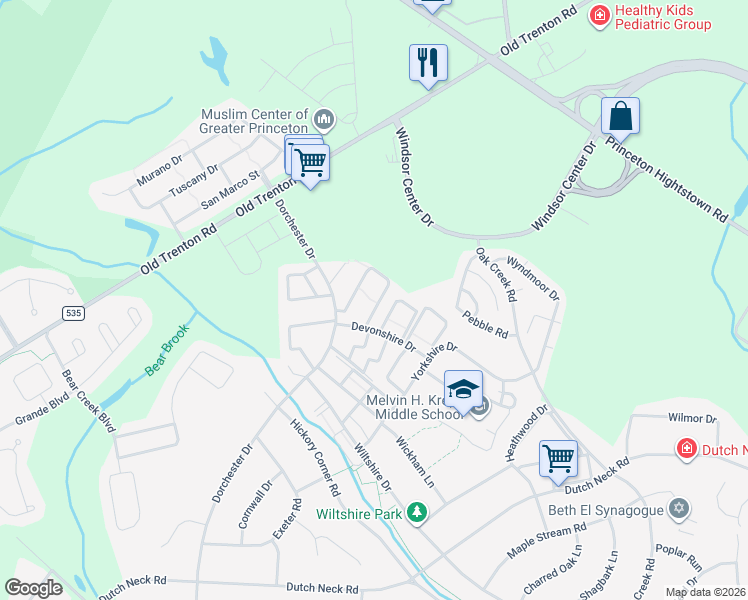 map of restaurants, bars, coffee shops, grocery stores, and more near 5 Dorchester Drive in East Windsor