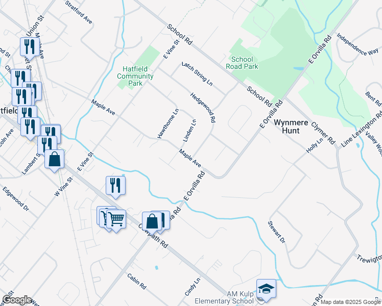 map of restaurants, bars, coffee shops, grocery stores, and more near 2202 Hedgewood Road in Hatfield