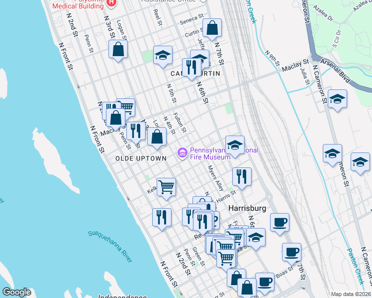 map of restaurants, bars, coffee shops, grocery stores, and more near 1820 North 4th Street in Harrisburg