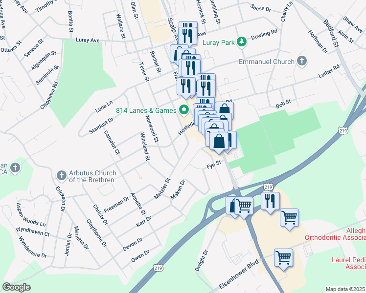 map of restaurants, bars, coffee shops, grocery stores, and more near 101-125 Metzler St in Johnstown