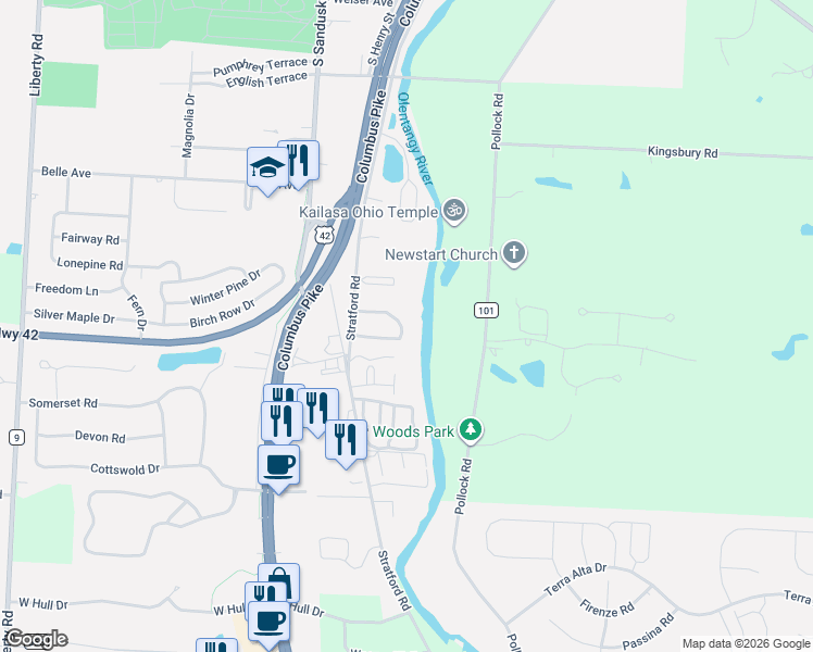 map of restaurants, bars, coffee shops, grocery stores, and more near 1228 Rivercrest Drive South in Delaware