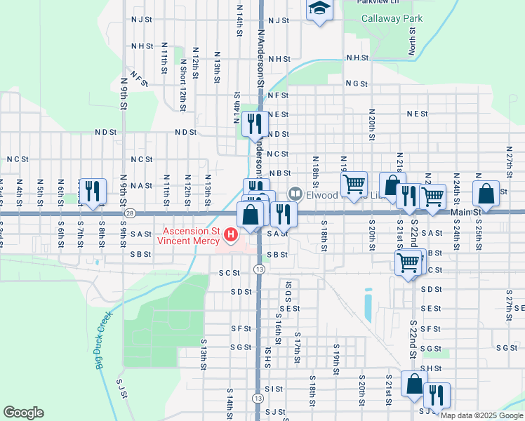 map of restaurants, bars, coffee shops, grocery stores, and more near in Elwood
