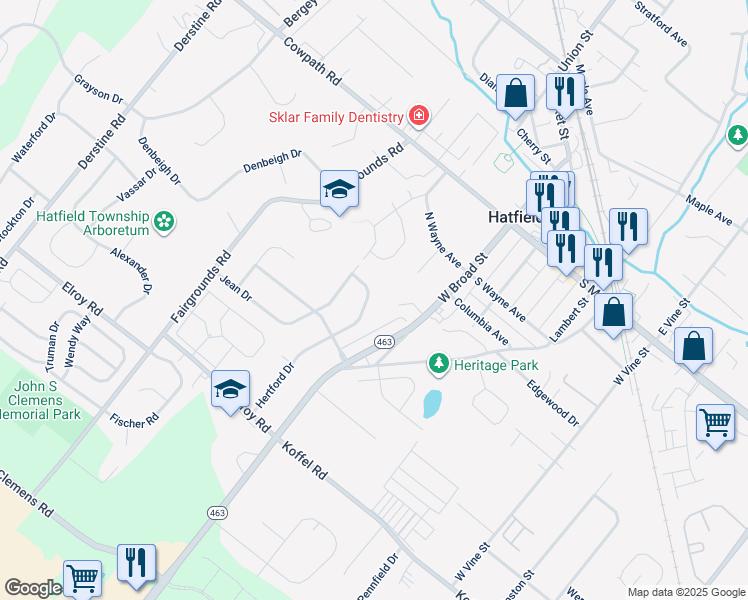 map of restaurants, bars, coffee shops, grocery stores, and more near 1185 Hertford Drive in Hatfield