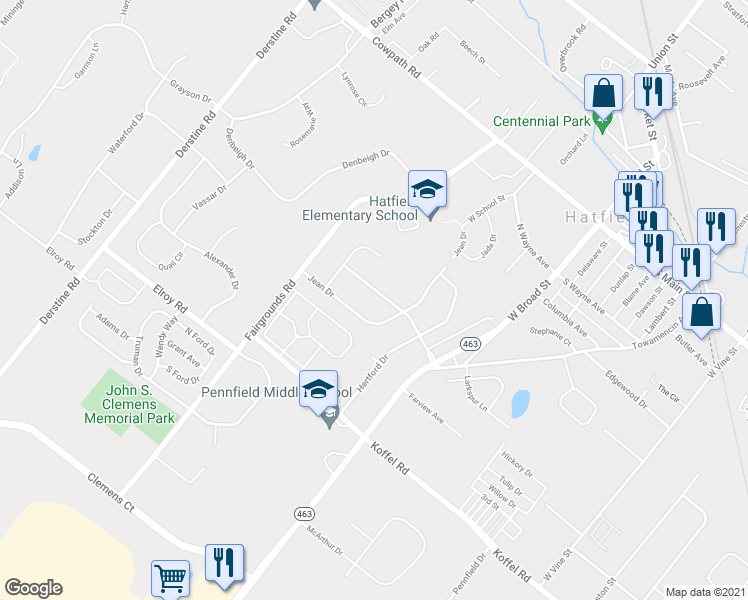 map of restaurants, bars, coffee shops, grocery stores, and more near 2660 Towamencin Avenue in Hatfield