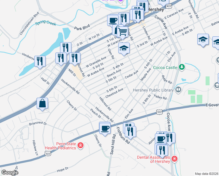 map of restaurants, bars, coffee shops, grocery stores, and more near 525 Chestnut Avenue in Hershey