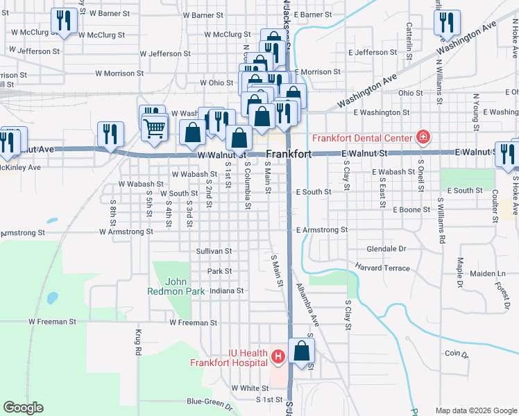 map of restaurants, bars, coffee shops, grocery stores, and more near 552 South Main Street in Frankfort