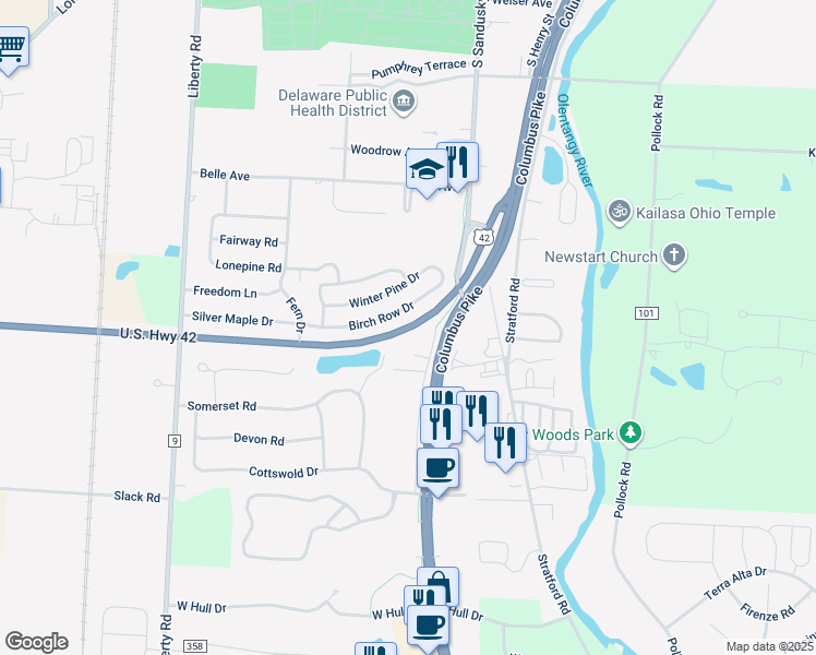 map of restaurants, bars, coffee shops, grocery stores, and more near 8 Winston Road in Delaware