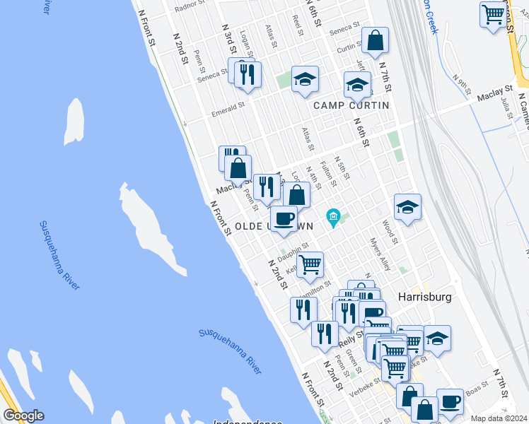 map of restaurants, bars, coffee shops, grocery stores, and more near 230 Peffer Street in Harrisburg