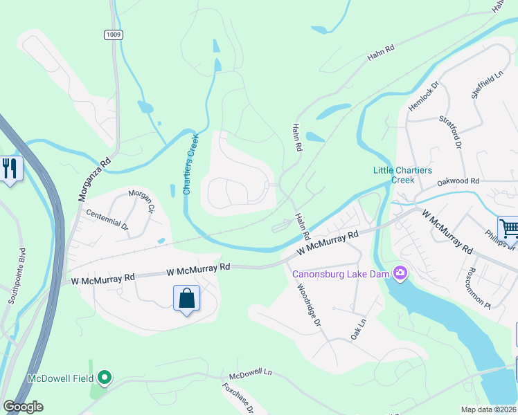 map of restaurants, bars, coffee shops, grocery stores, and more near 201 Hahn Drive in Canonsburg
