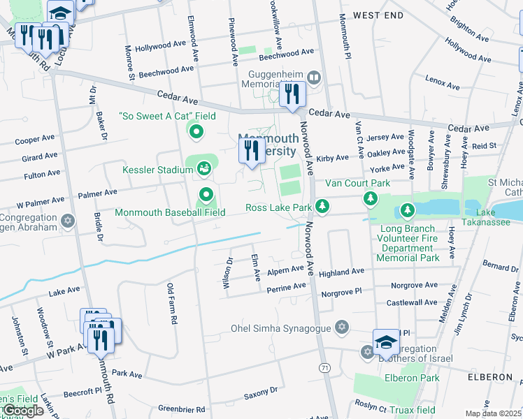 map of restaurants, bars, coffee shops, grocery stores, and more near Elm Avenue in Long Branch