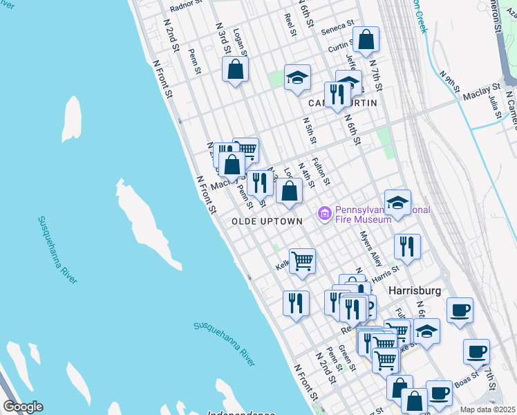 map of restaurants, bars, coffee shops, grocery stores, and more near 230 Peffer Street in Harrisburg