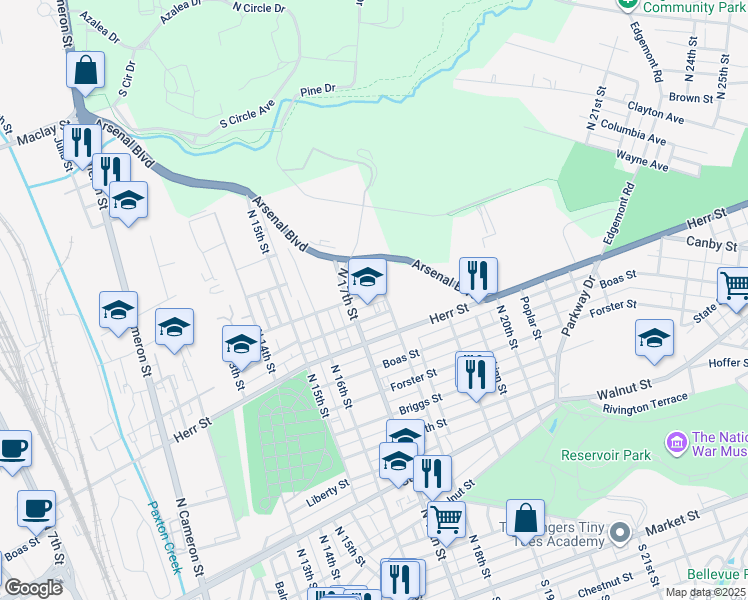 map of restaurants, bars, coffee shops, grocery stores, and more near 1723 Verbeke Street in Harrisburg